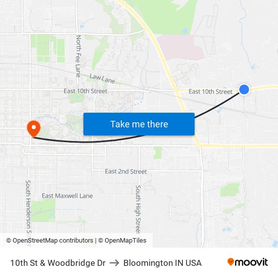 10th St & Woodbridge Dr to Bloomington IN USA map