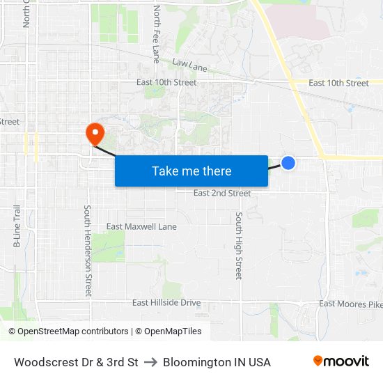 Woodscrest Dr & 3rd St to Bloomington IN USA map