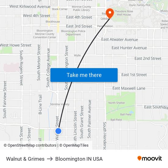 Walnut & Grimes to Bloomington IN USA map