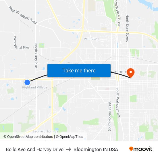 Belle Ave And Harvey Drive to Bloomington IN USA map