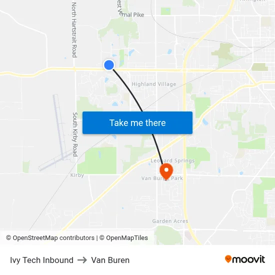Ivy Tech Inbound to Van Buren map