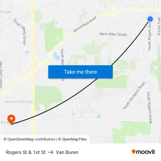 Rogers St & 1st St to Van Buren map