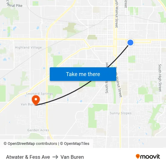 Atwater & Fess Ave to Van Buren map
