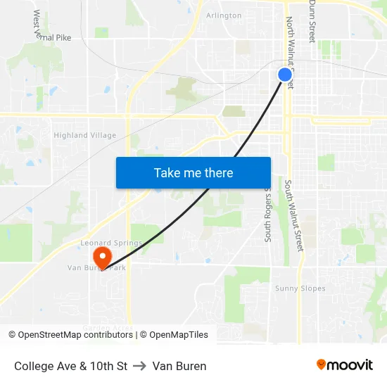 College Ave & 10th St to Van Buren map