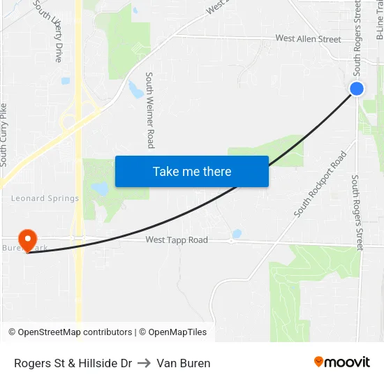 Rogers St & Hillside Dr to Van Buren map