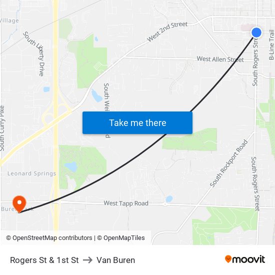 Rogers St & 1st St to Van Buren map