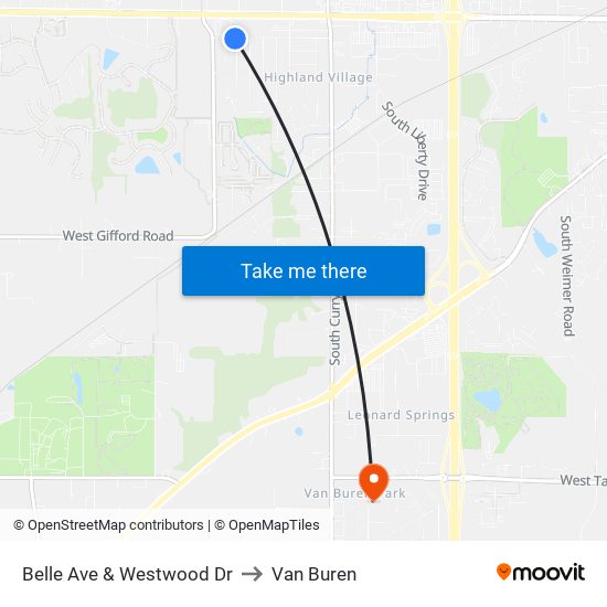 Belle Ave & Westwood Dr to Van Buren map