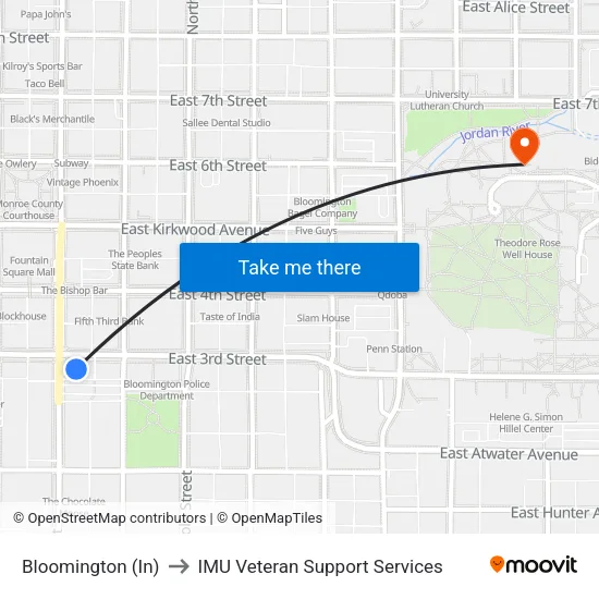 Bloomington (In) to IMU Veteran Support Services map