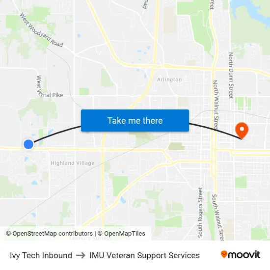 Ivy Tech Inbound to IMU Veteran Support Services map