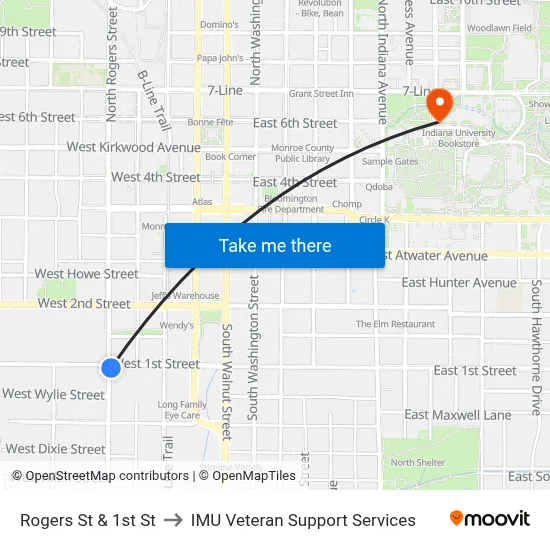 Rogers St & 1st St to IMU Veteran Support Services map