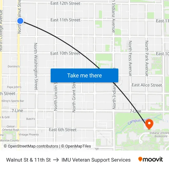 Walnut St & 11th St to IMU Veteran Support Services map