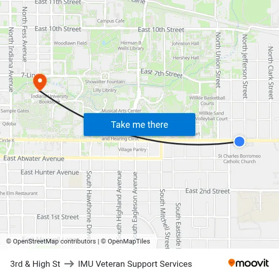 3rd & High St to IMU Veteran Support Services map