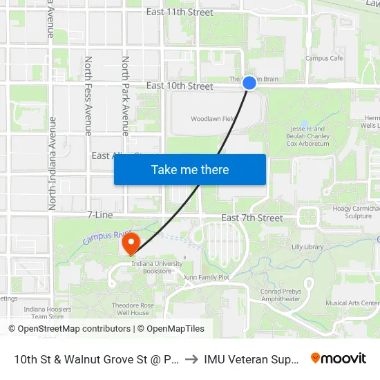 10th St & Walnut Grove St @ Psychology Building to IMU Veteran Support Services map