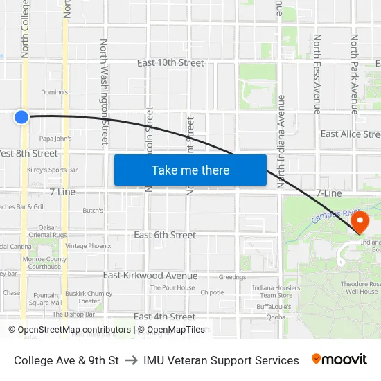 College Ave & 9th St to IMU Veteran Support Services map
