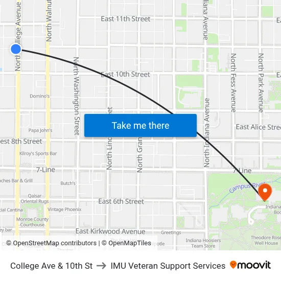 College Ave & 10th St to IMU Veteran Support Services map