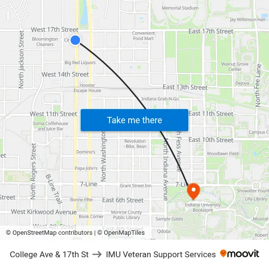 College Ave & 17th St to IMU Veteran Support Services map