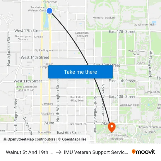 Walnut St And 19th St to IMU Veteran Support Services map
