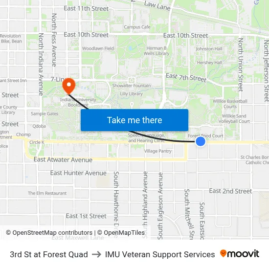 3rd St at Forest Quad to IMU Veteran Support Services map