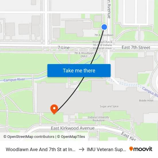 Woodlawn Ave And 7th St at Indiana Memorial Union to IMU Veteran Support Services map