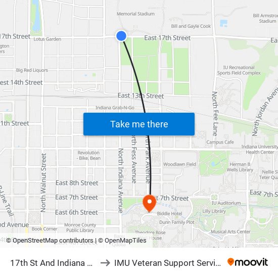 17th St And Indiana Ave to IMU Veteran Support Services map