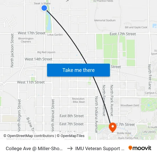 College Ave @ Miller-Showers Park to IMU Veteran Support Services map