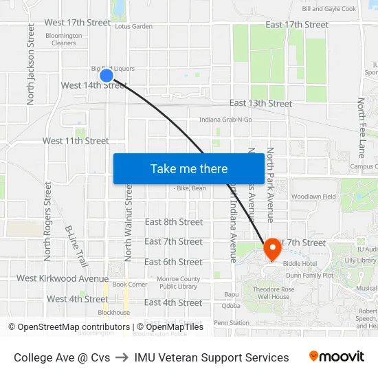College Ave @ Cvs to IMU Veteran Support Services map
