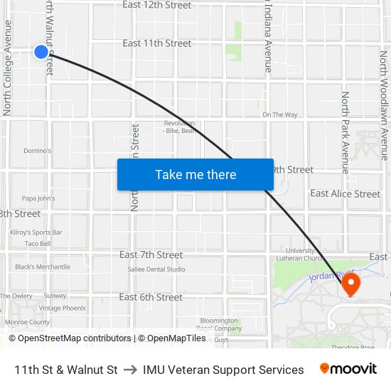 11th St & Walnut St to IMU Veteran Support Services map