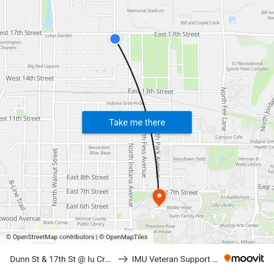 Dunn St & 17th St @ Iu Credit Union to IMU Veteran Support Services map