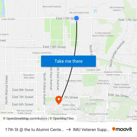 17th St @ the Iu Alumni Center & Assembly Hall to IMU Veteran Support Services map