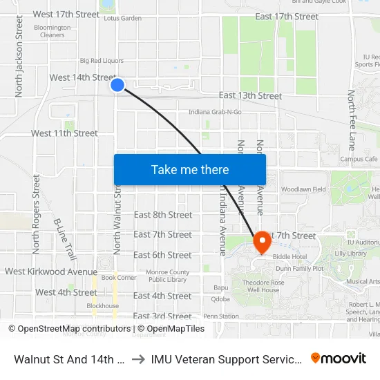 Walnut St And 14th St to IMU Veteran Support Services map