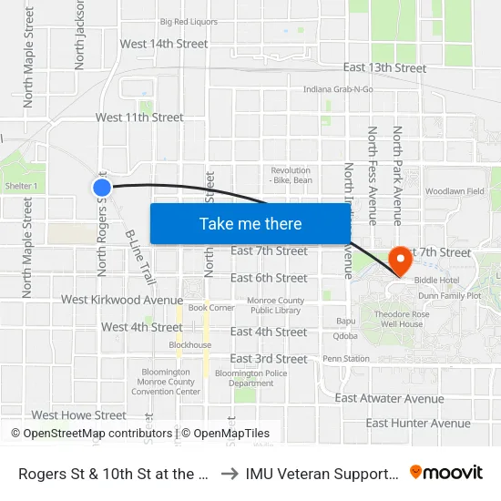 Rogers St & 10th St at the B Line Trail to IMU Veteran Support Services map