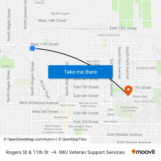 Rogers St & 11th St to IMU Veteran Support Services map