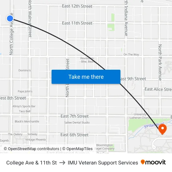 College Ave & 11th St to IMU Veteran Support Services map
