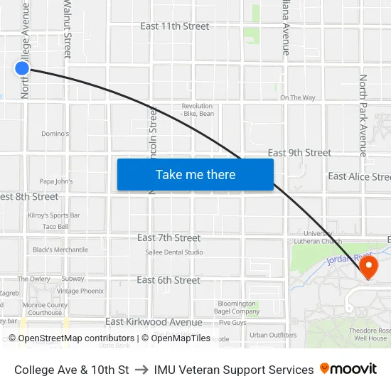 College Ave & 10th St to IMU Veteran Support Services map