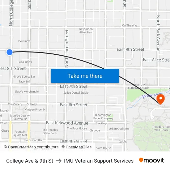 College Ave & 9th St to IMU Veteran Support Services map
