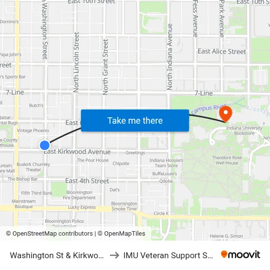 Washington St & Kirkwood Ave to IMU Veteran Support Services map