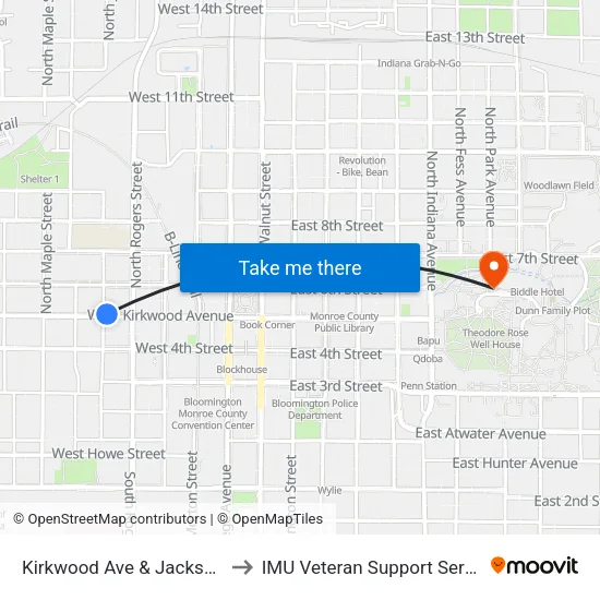 Kirkwood Ave & Jackson St to IMU Veteran Support Services map