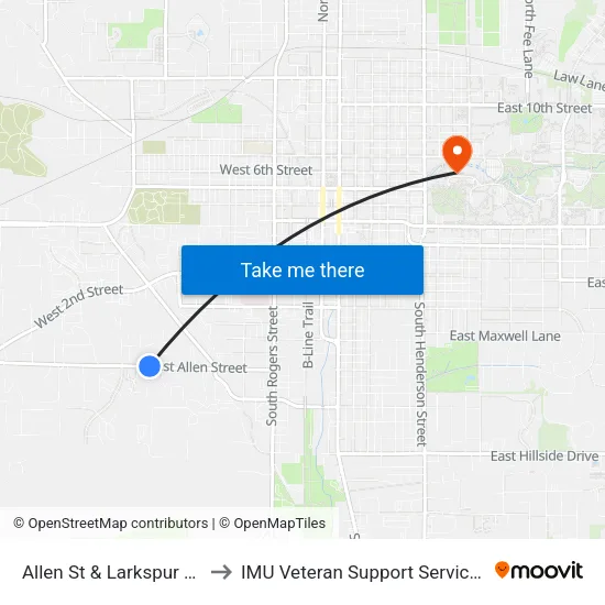 Allen St & Larkspur Ln to IMU Veteran Support Services map
