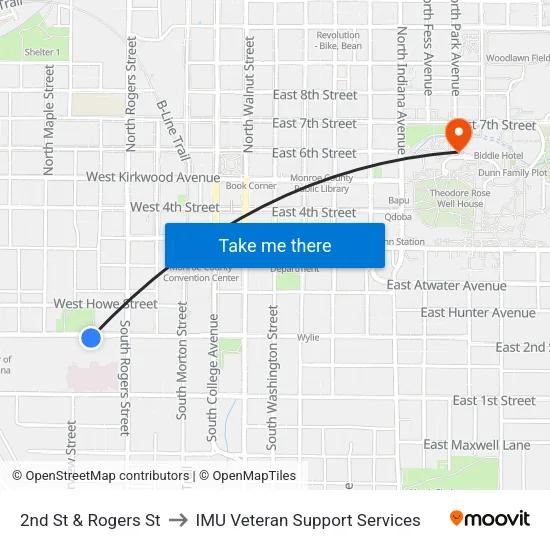 2nd St & Rogers St to IMU Veteran Support Services map