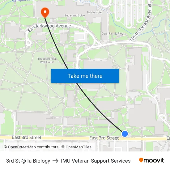 3rd St @ Iu Biology to IMU Veteran Support Services map