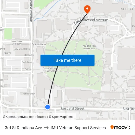 3rd St & Indiana Ave to IMU Veteran Support Services map