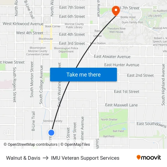 Walnut & Davis to IMU Veteran Support Services map
