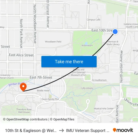10th St & Eagleson @ Wells Library to IMU Veteran Support Services map