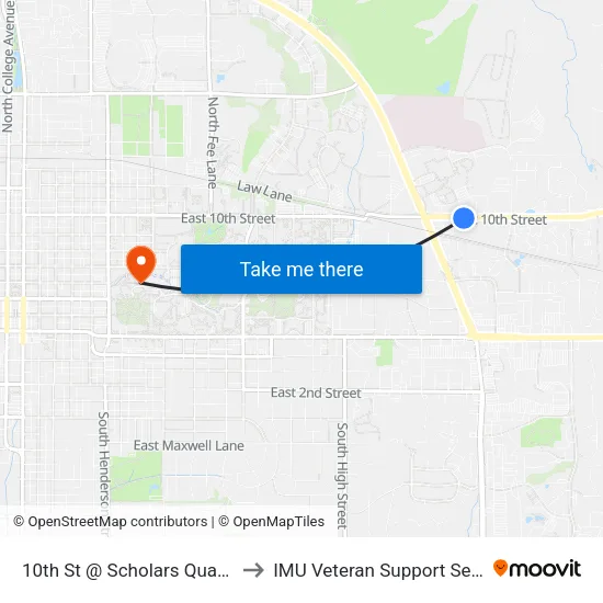 10th St @ Scholars Quad Apts to IMU Veteran Support Services map