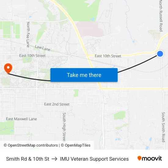 Smith Rd & 10th St to IMU Veteran Support Services map