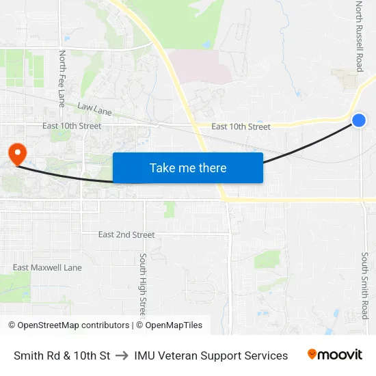 Smith Rd & 10th St to IMU Veteran Support Services map