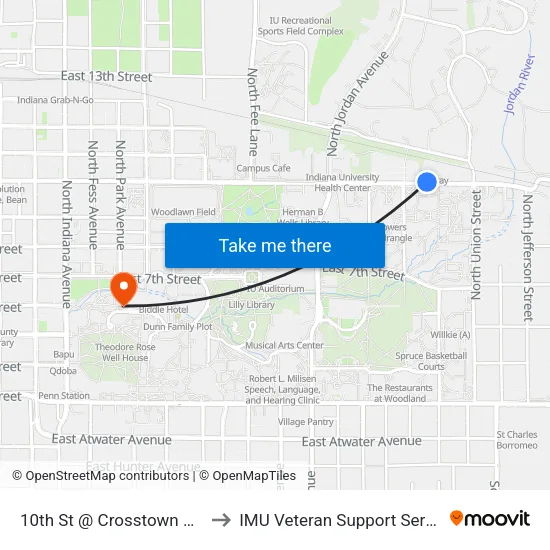 10th St @ Crosstown Plaza to IMU Veteran Support Services map