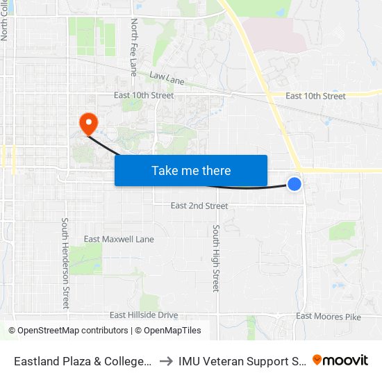 Eastland Plaza & College Mall Rd to IMU Veteran Support Services map