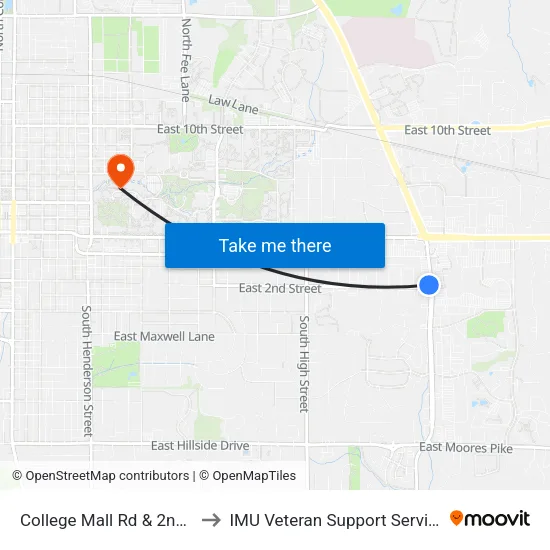 College Mall Rd & 2nd St to IMU Veteran Support Services map