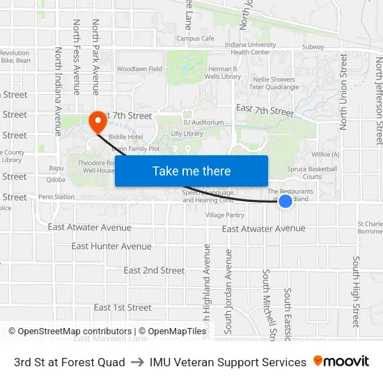3rd St at Forest Quad to IMU Veteran Support Services map